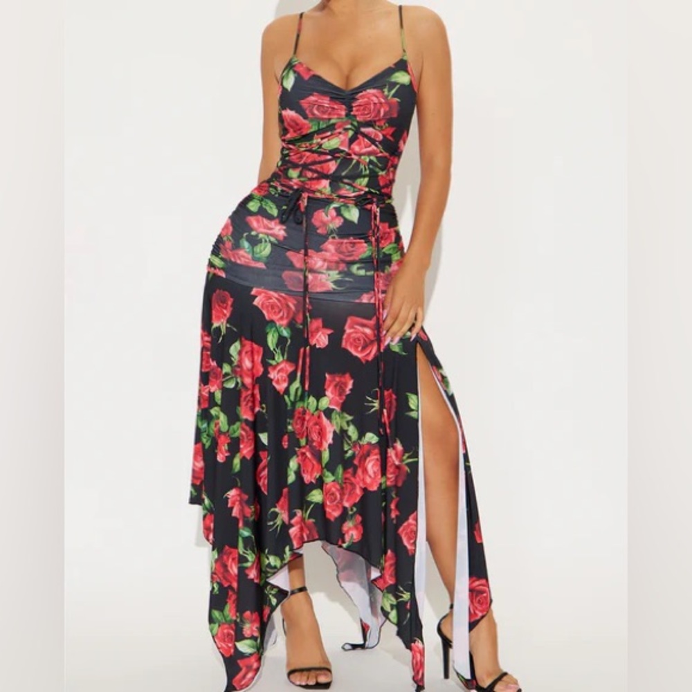 Fashion Nova Black Floral Rose Asymmetrical Slip Dress